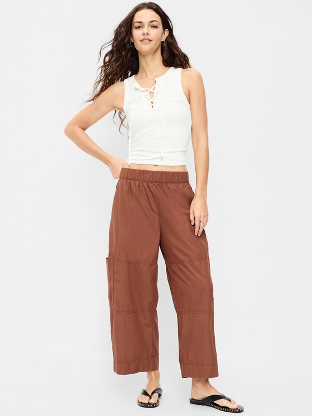 Mid-Rise Cropped Barrel-Leg Utility Pants - Brown
